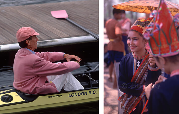 Two images: Leander Club rower dressed in pink jacket and cap sitting in rowing skiff, Henley; Traditional Khmer woman dancer in crowd of dancers holding up a sun umbrella, Thailand