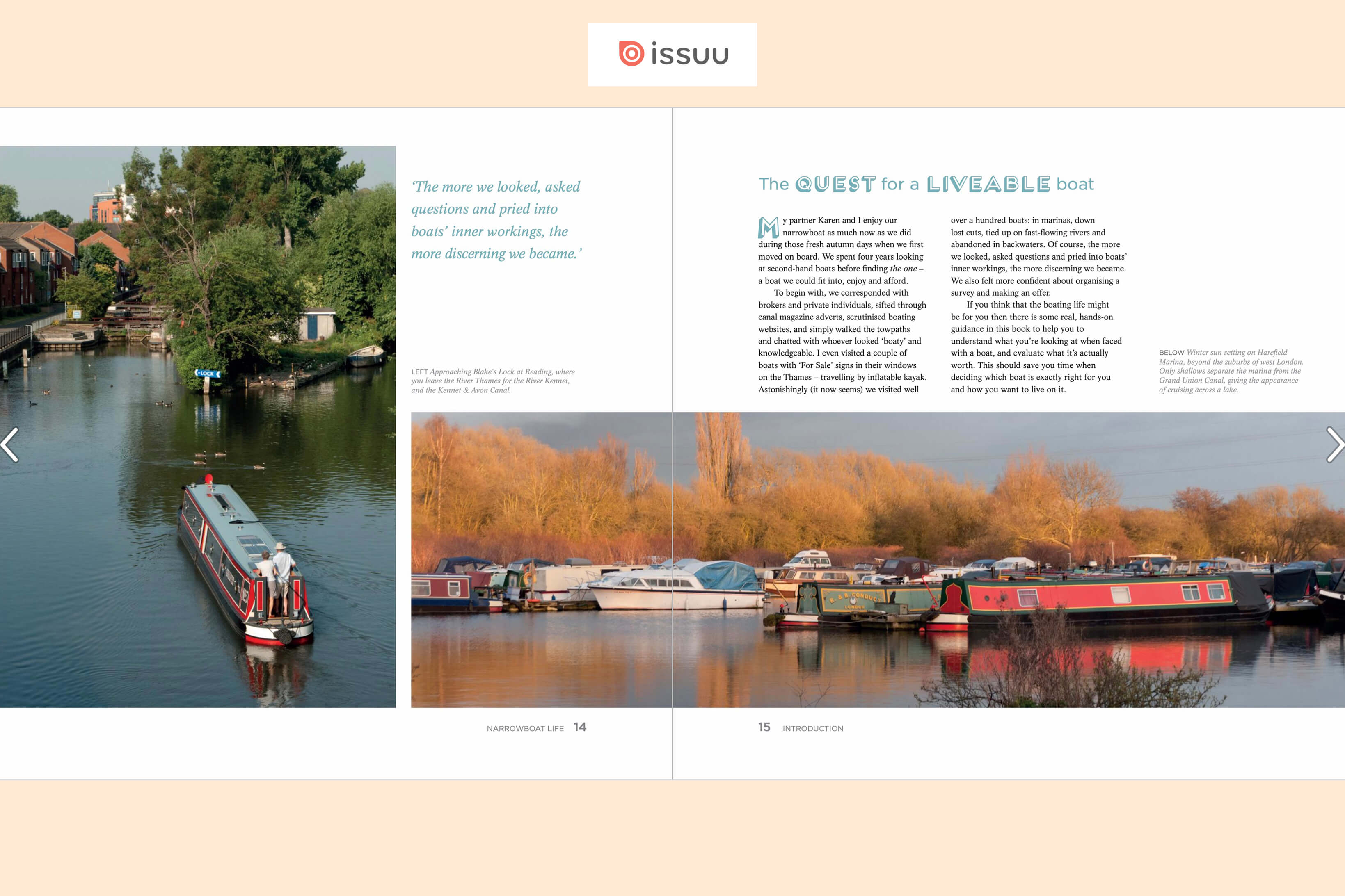 Sample two-page spread layout of the book 'Narrowboat Life' showing text, images and captions