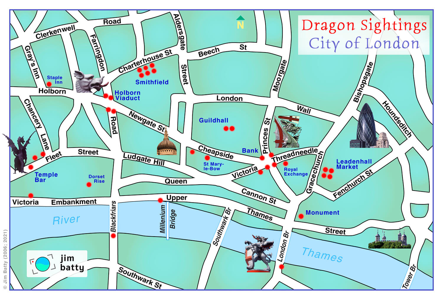 A naive, hand-drawn map entitled: Dragon Sightings, City of London