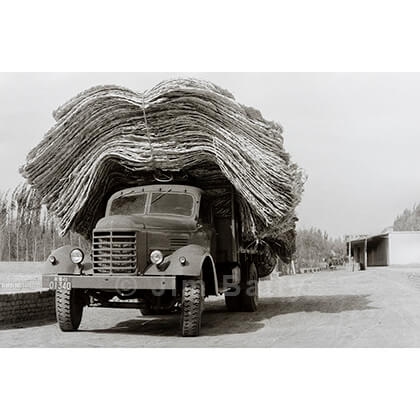 An enormous pile of mats, like a giant hat, draped over an old Chinese truck at Kashgar Market, Xinjiang, China